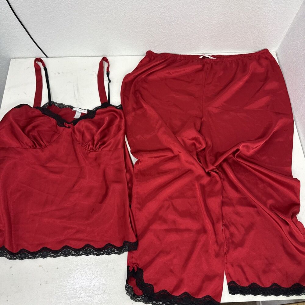 Cacique Sensual Top And Bottom Set Red Satin Black Lace Trim Size 22/24